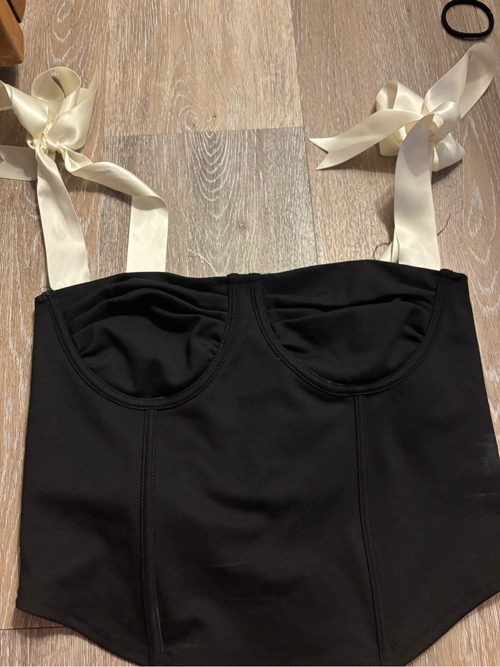 Dry Goods Black Crop Top with Cream Ribbon Straps